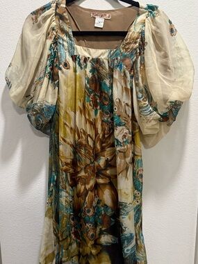 Boho Floral Puff-Sleeve Tunic Top in Teal, Brown & Cream Whimsy
